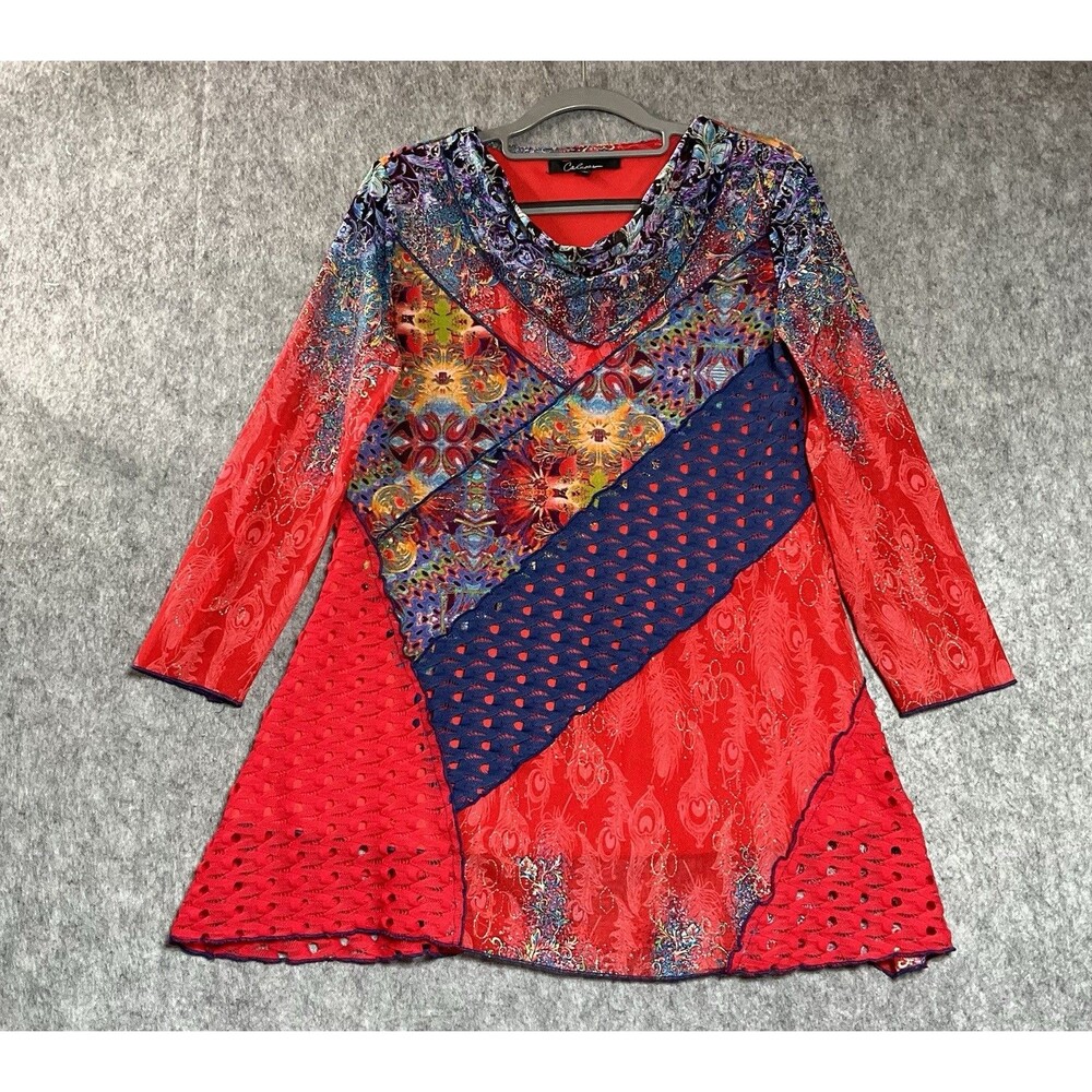 Calessa Shirt Women Small Red Geometric Patchwork Artsy Boho Pullover Top Casual
